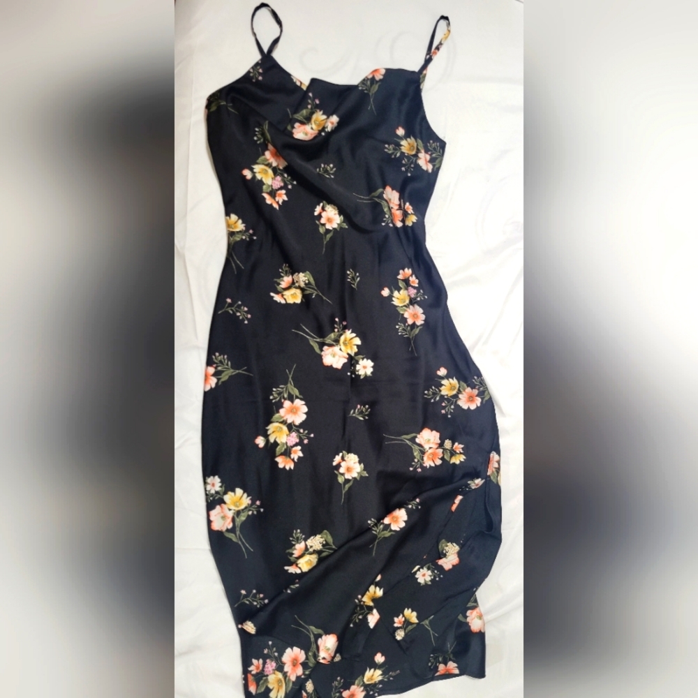 Black satin floral dress